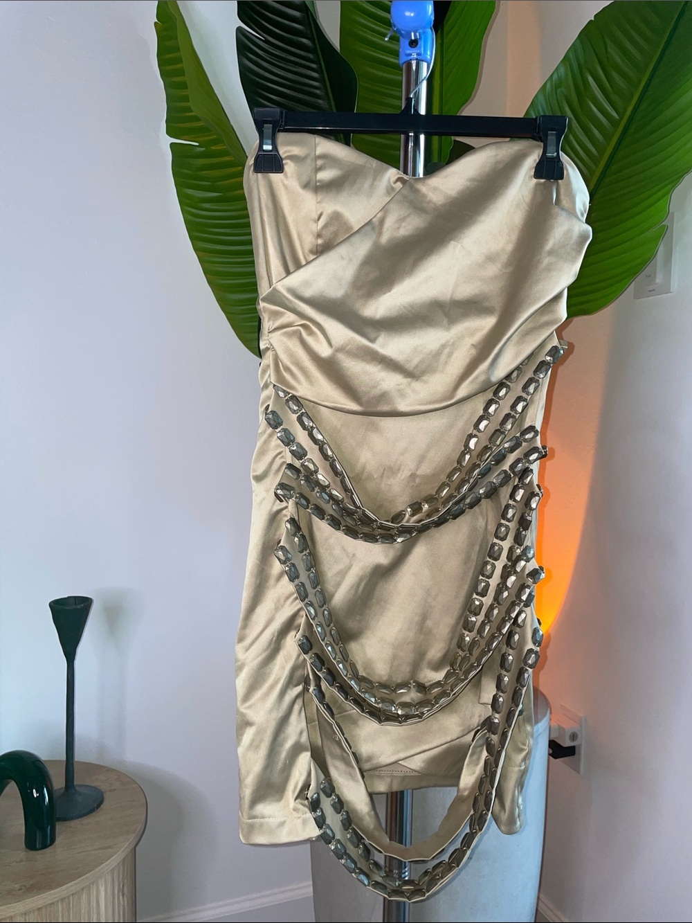 Strapless Satin Mini Dress with Chain Draping — Gold
